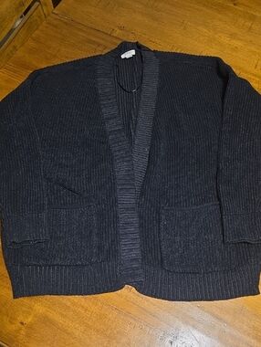 Women's Black Ribbed Open-Front Cardigan with Front Pockets